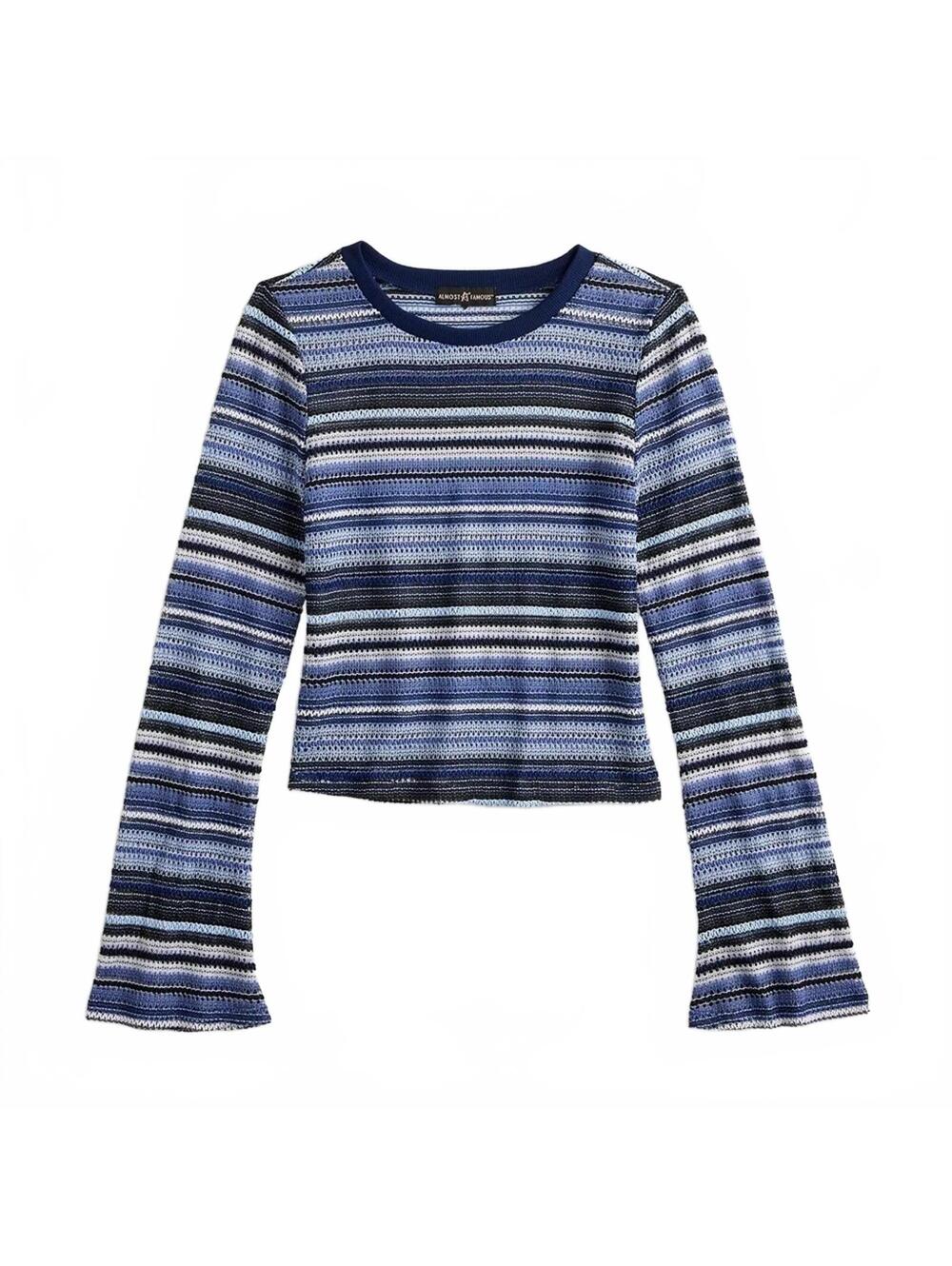 Almost Famous Bell Long Sleeve Cropped Crochet Top NWT Junior’s XS Blue Black